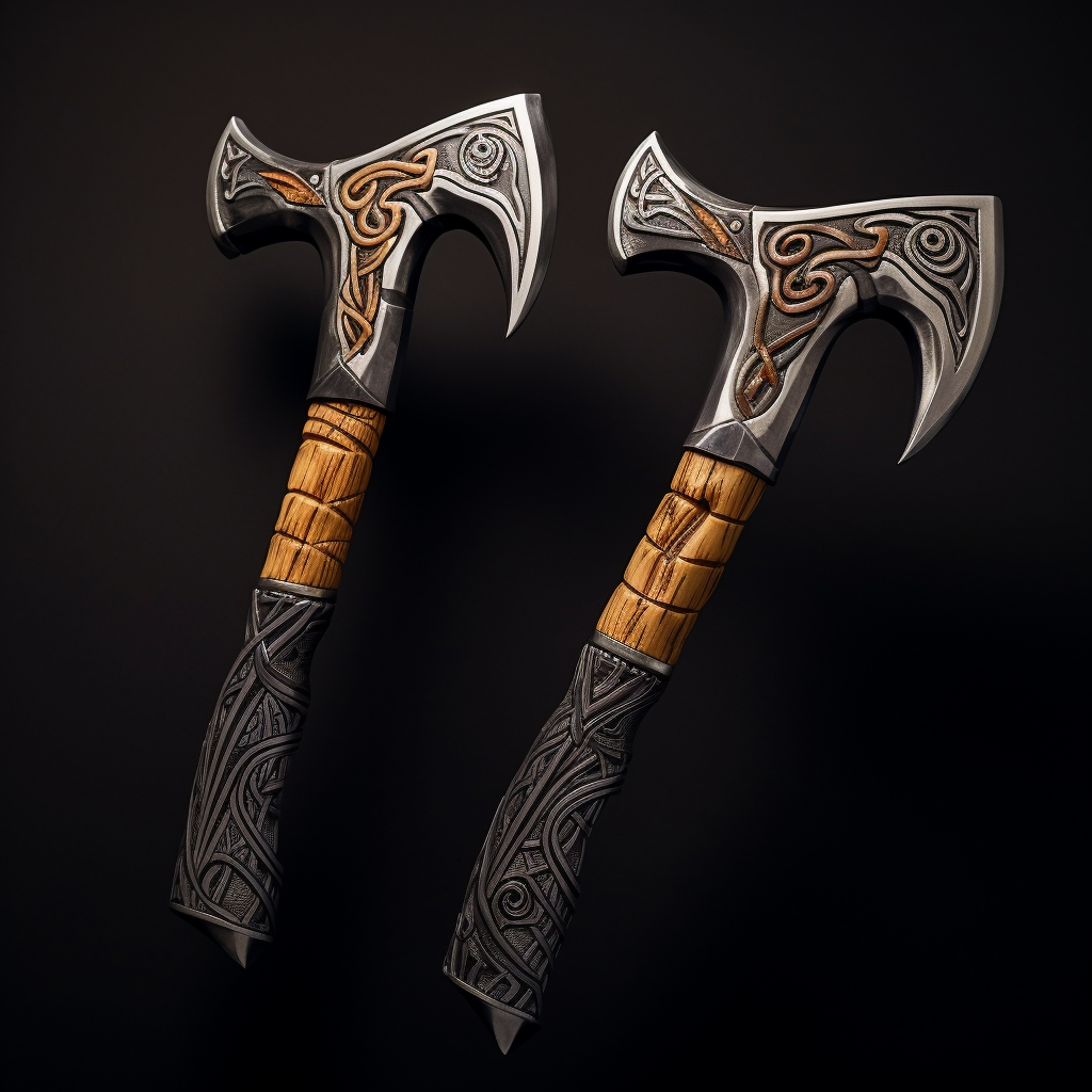 Hand Axe Handles with Polished Wood and Silver Patterns