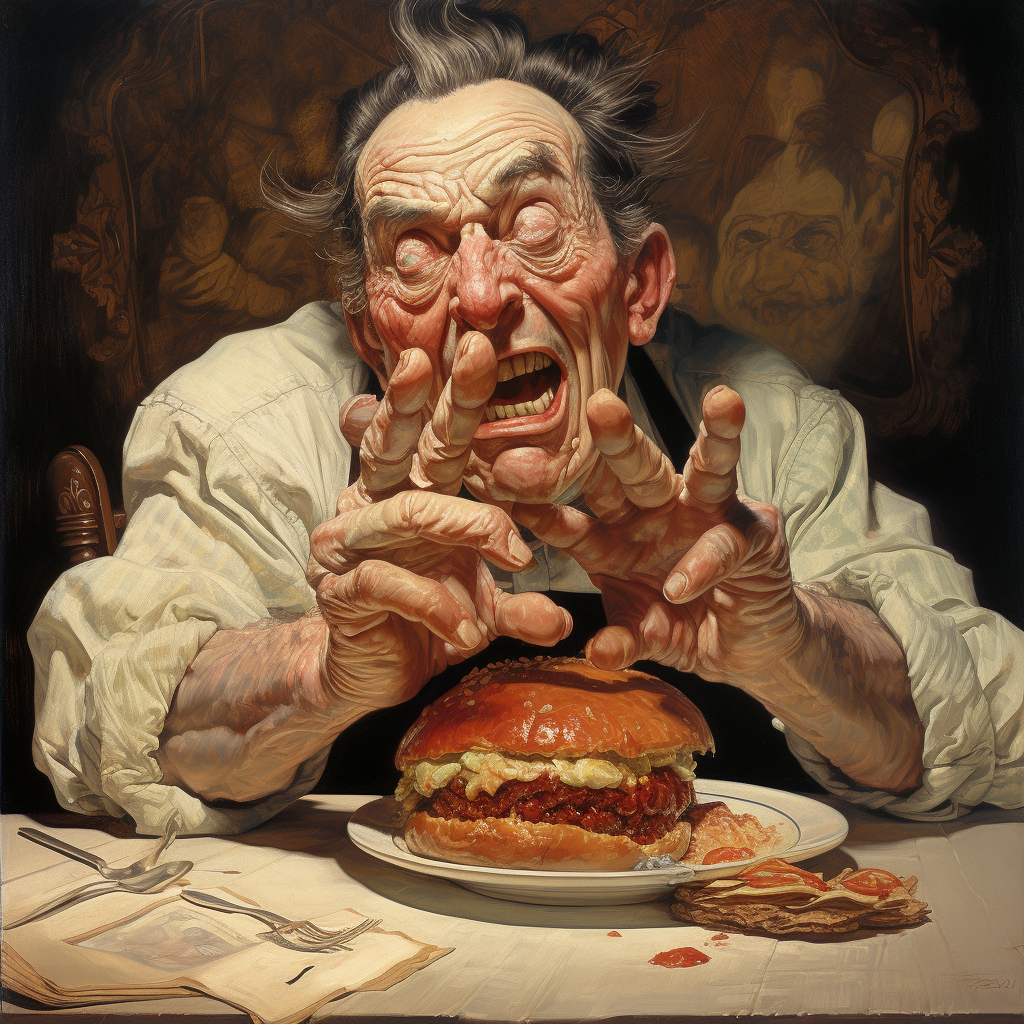 Surreal hand burger painting by Norman Rockwell