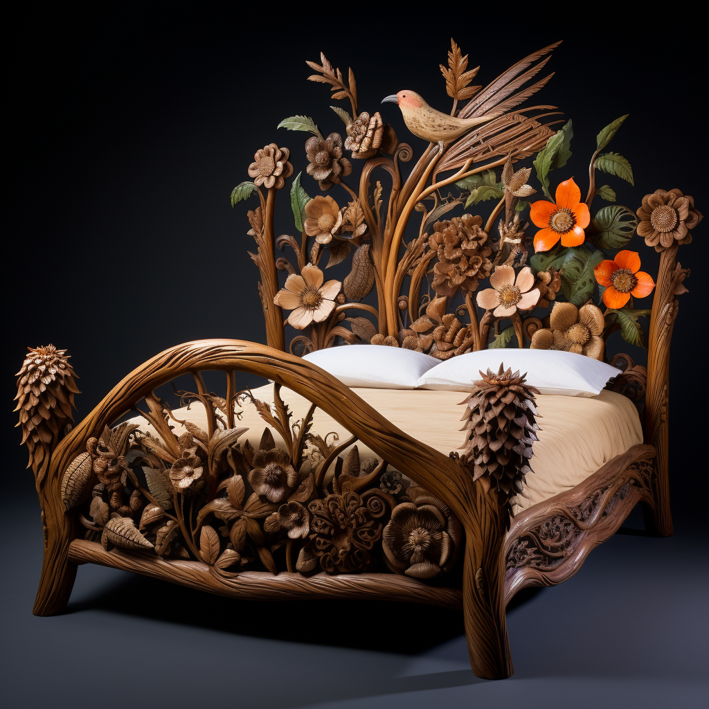 Hand-carved wooden bedframe with birds, flowers, creatures