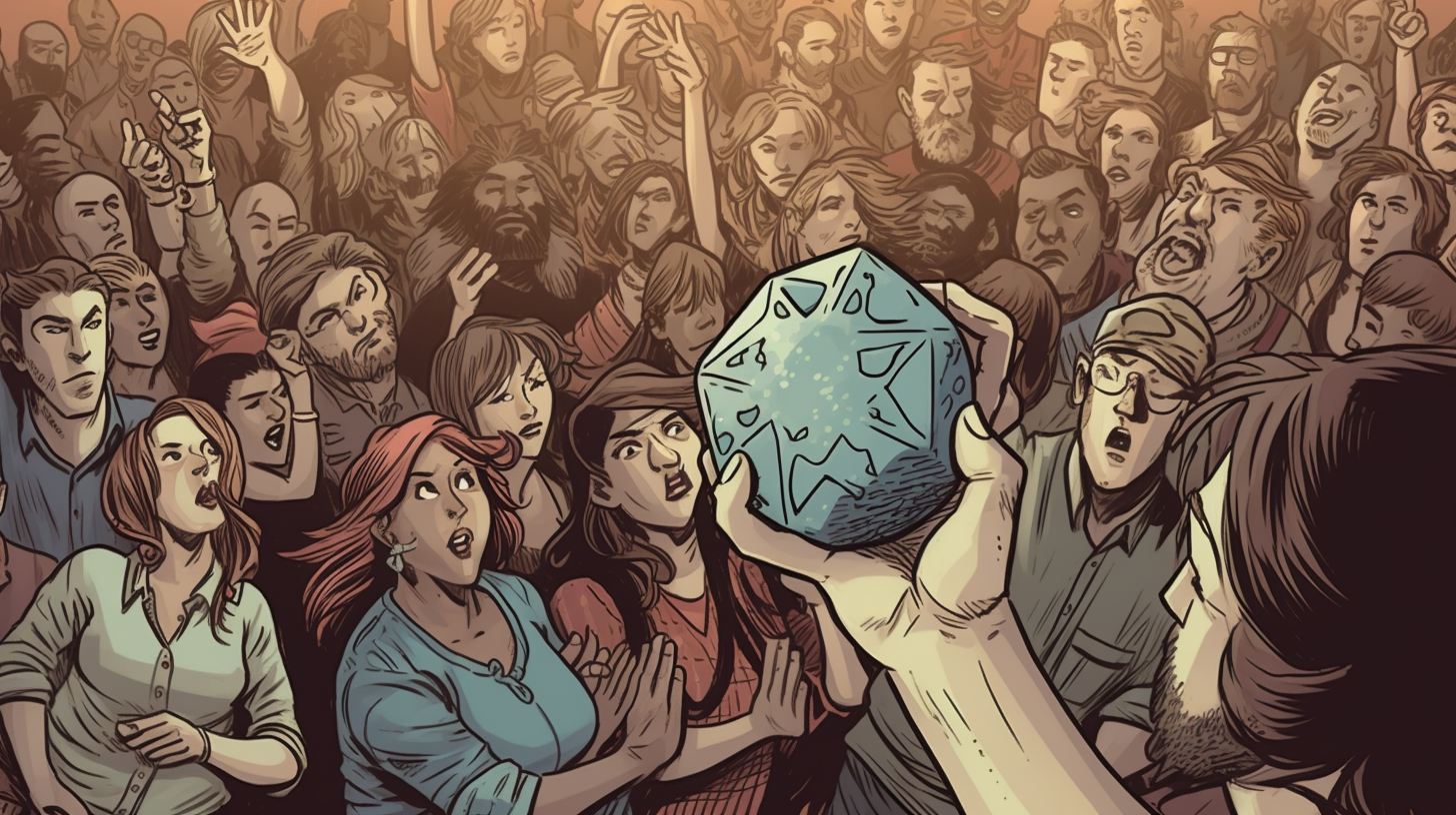 Hand holding d20 dice audience