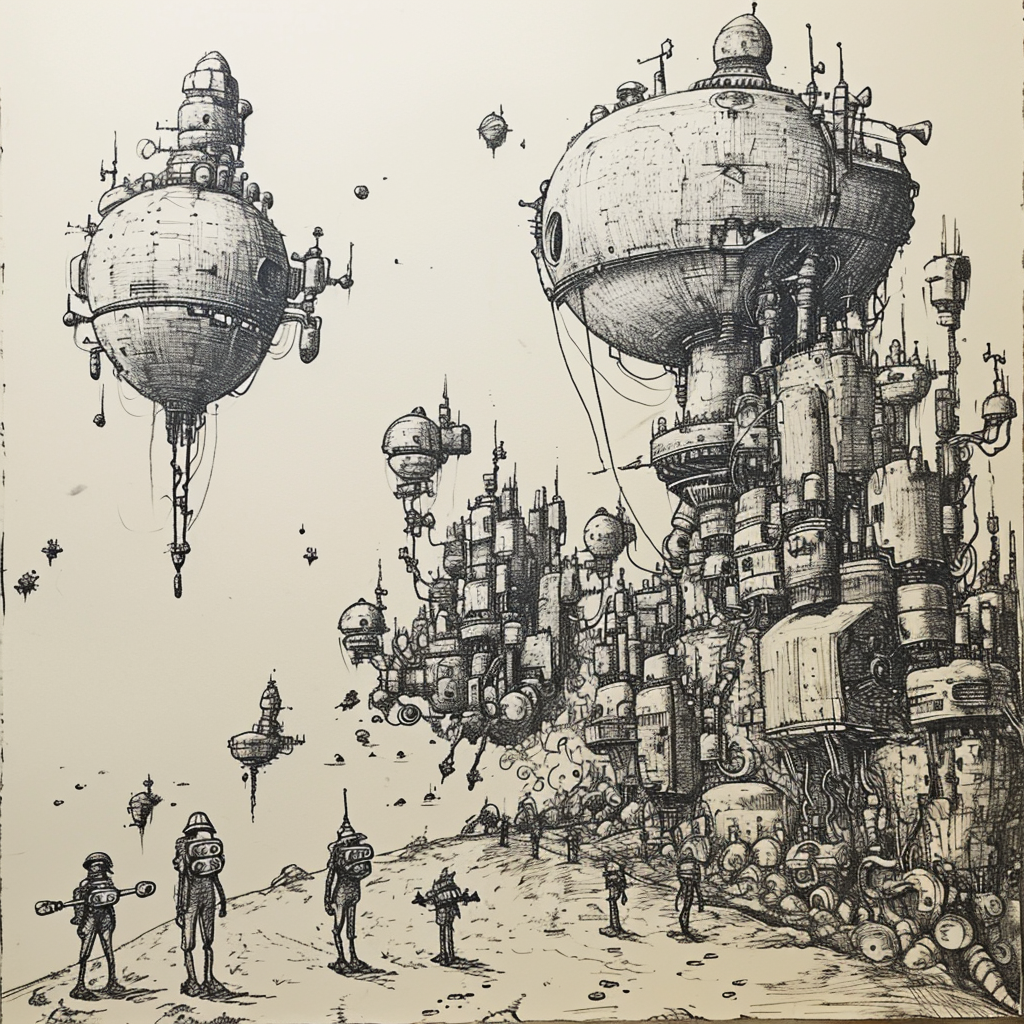 Hand-drawn sketch of surreal landscape with people and robots