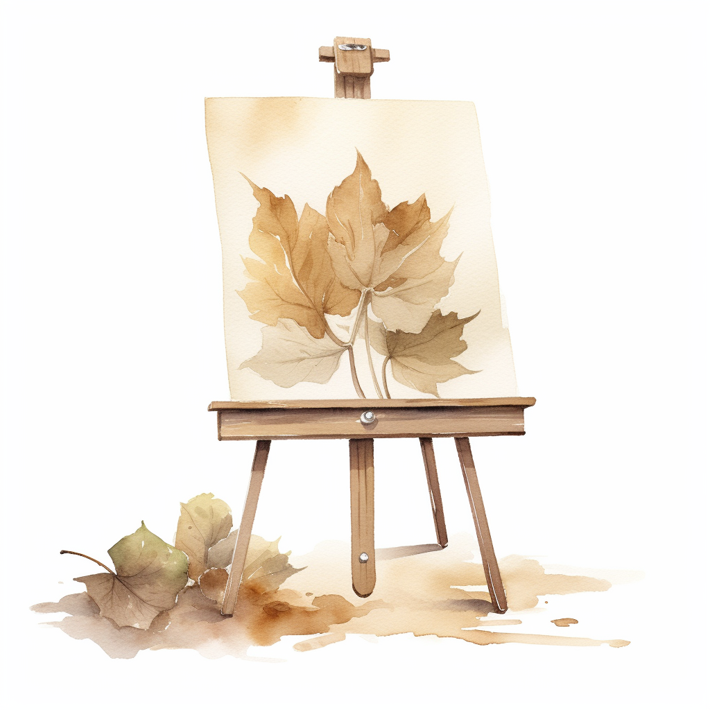 Hand-drawn watercolor easel with leaf artwork