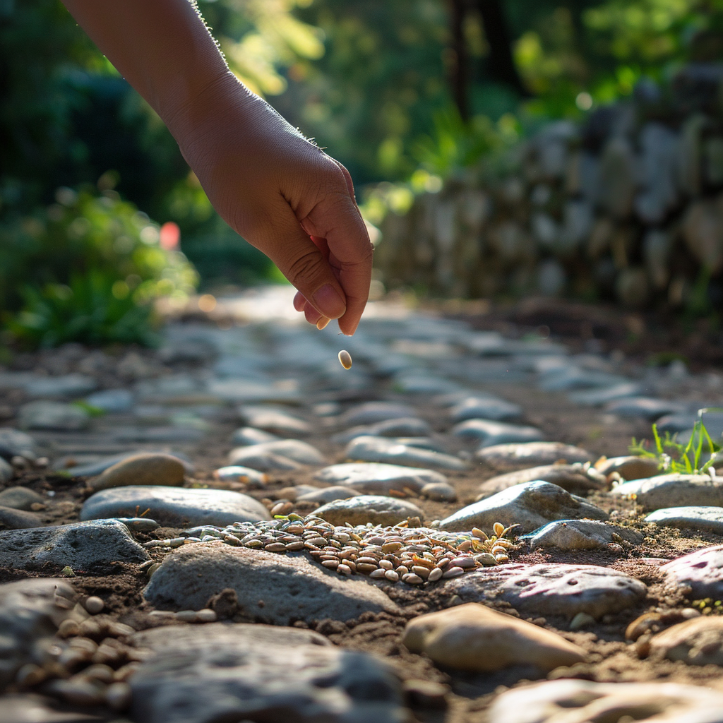 Seeds dropped on stone road