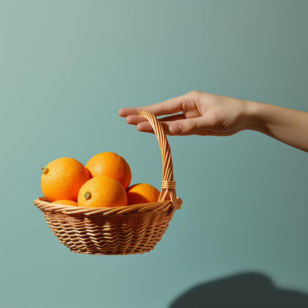 Hand grabbing juicy orange from fruit basket