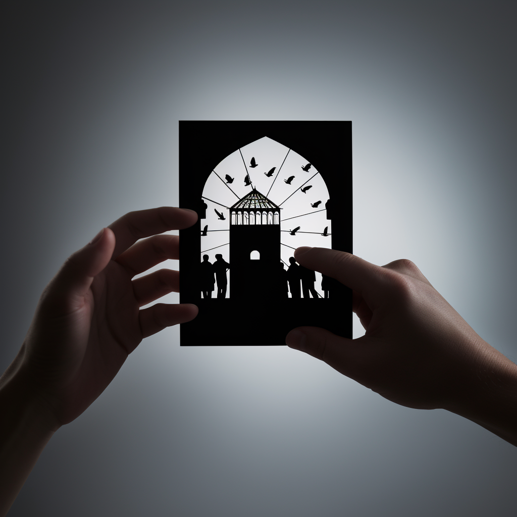 Silhouette of hand holding cards with white tower and black prison