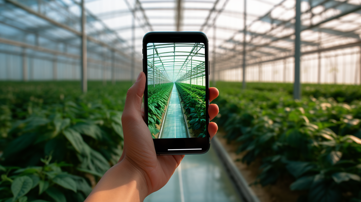 Hand holding cellphone in greenhouse