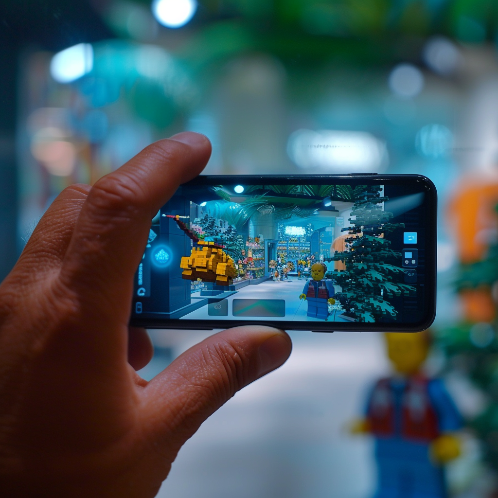 Hand holding cellphone in Lego Store