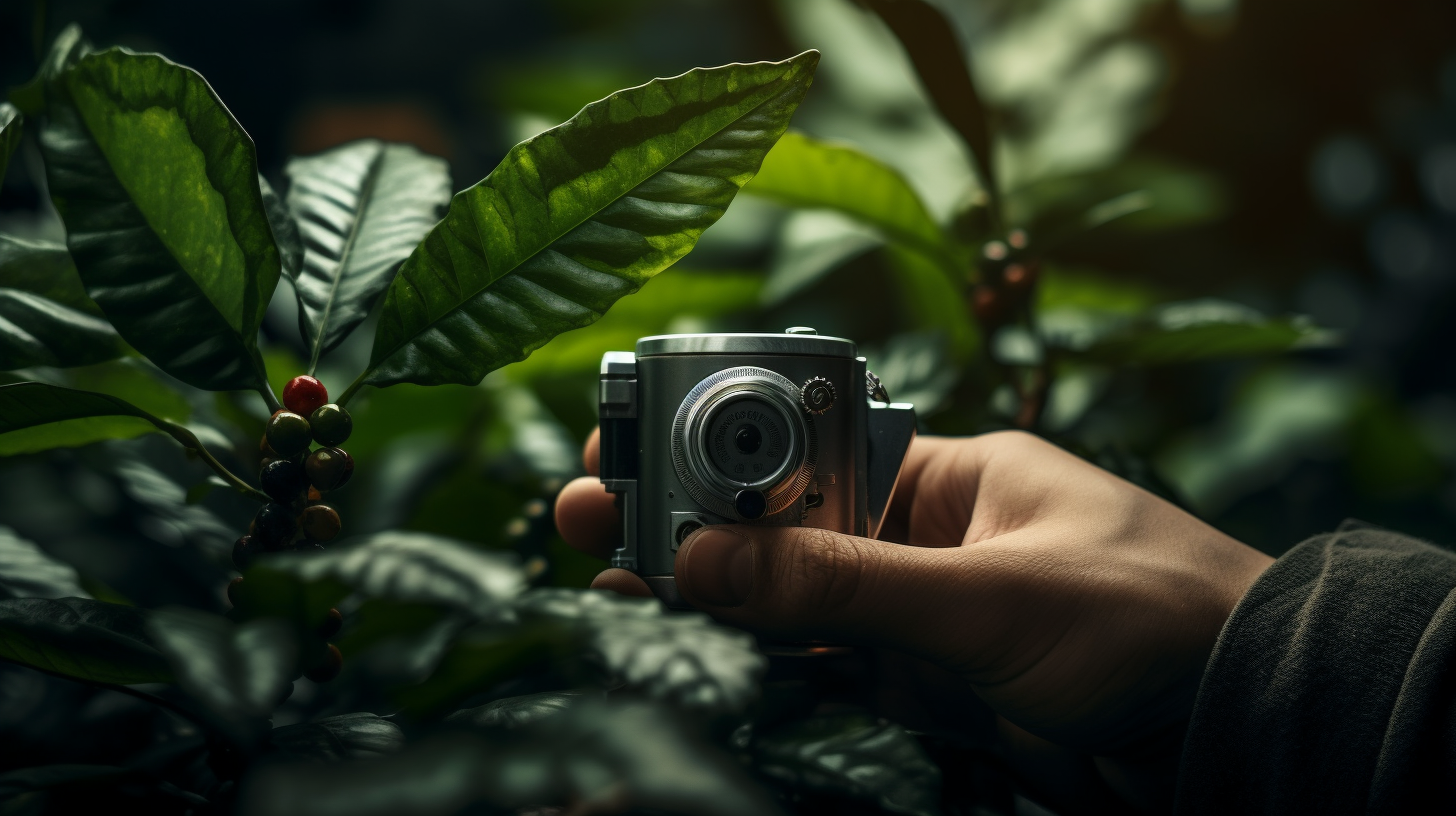 Hand holding coffee cup amidst vegetation