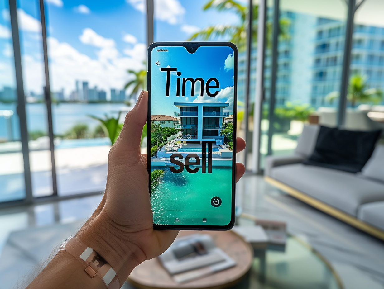 Hand holding large display cellphone with  Time to Sell