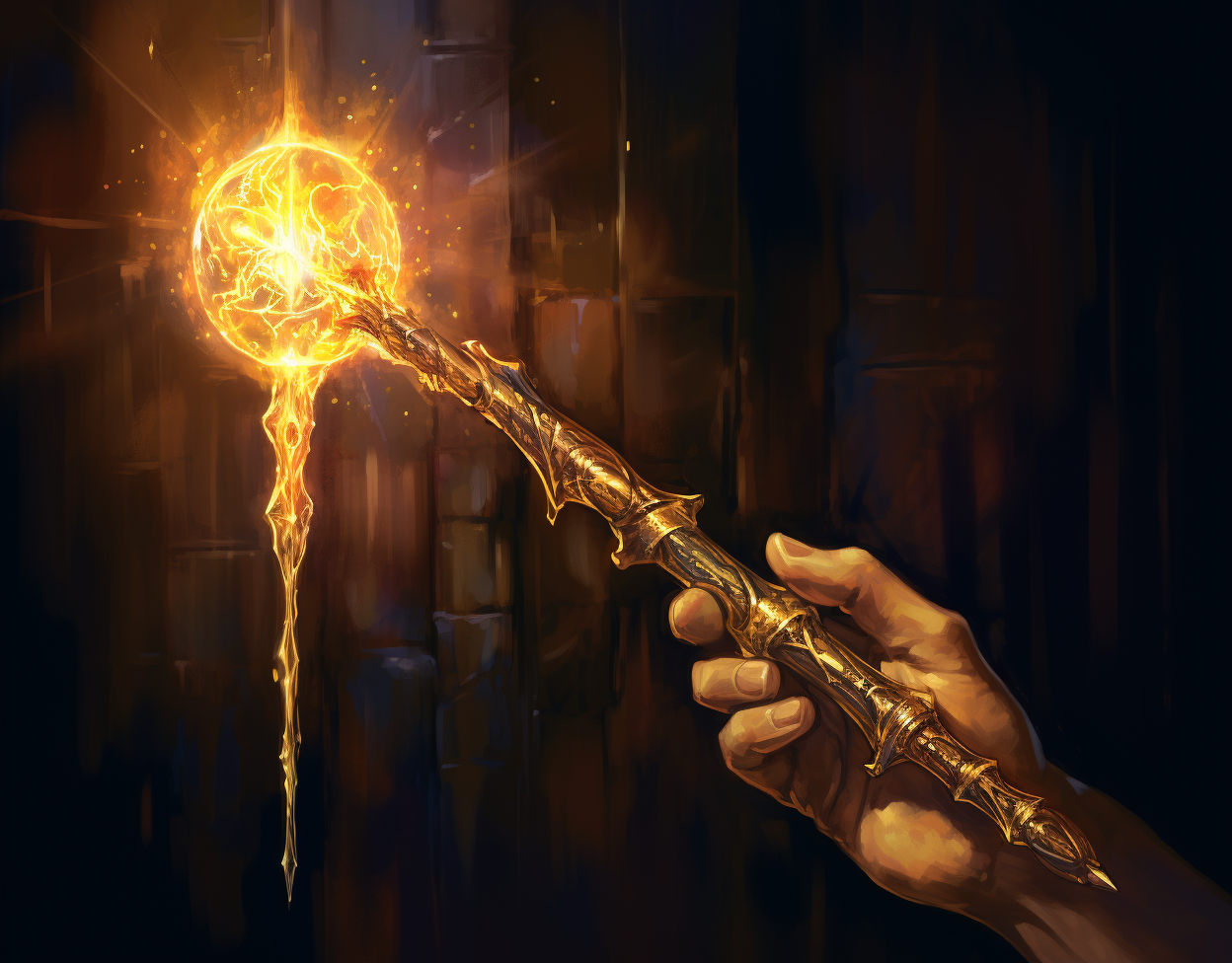 Hand holding magical scepter emitting golden energy