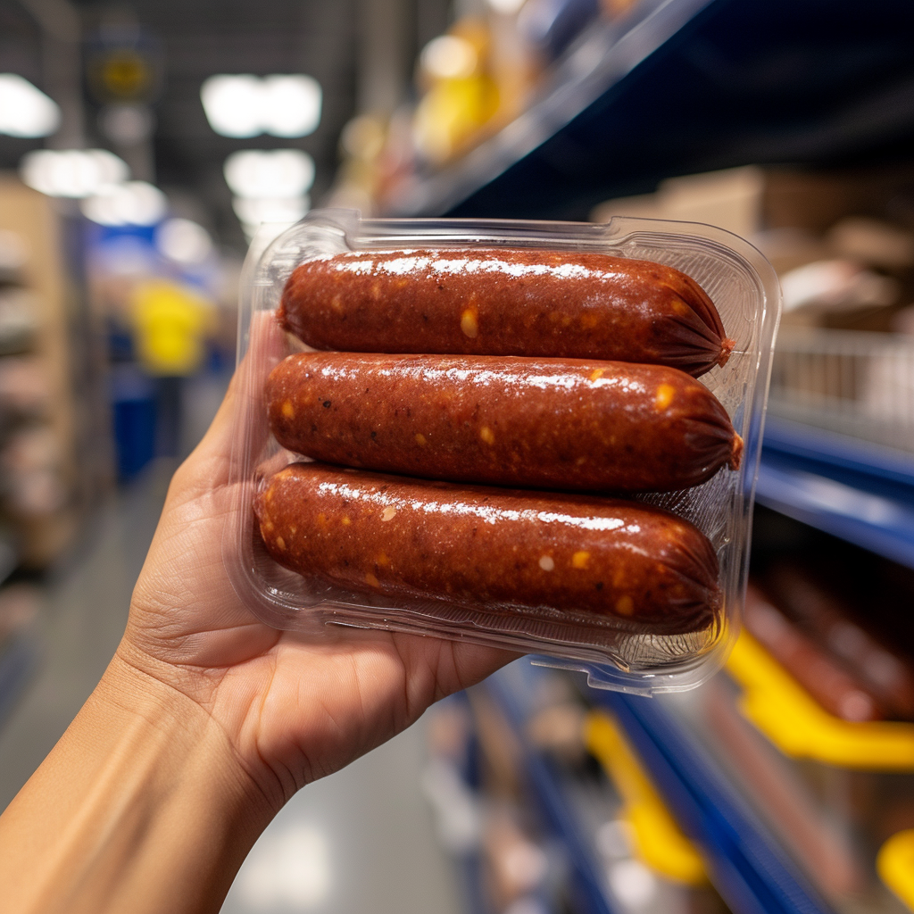 Hand holding Walmart criminal sausage box