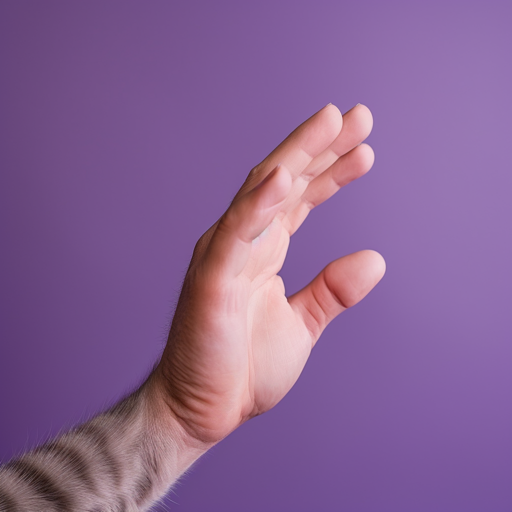 Hand petting cute cat on purple background