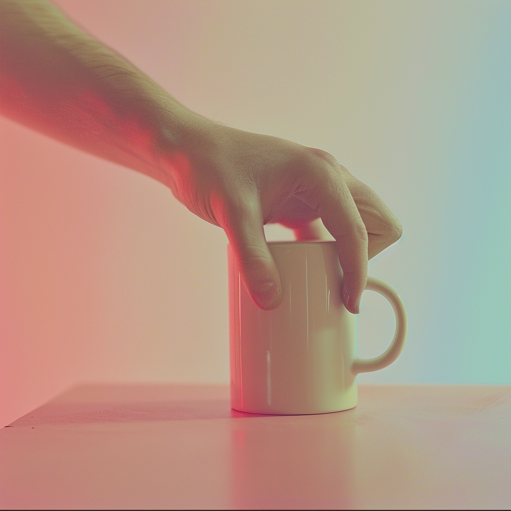 Hand placing white mug on table