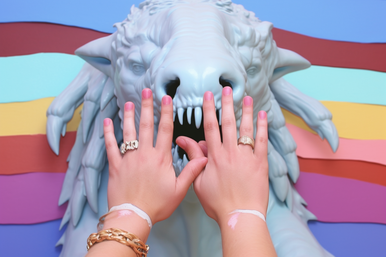 Hand with rainbow veins and long painted claws