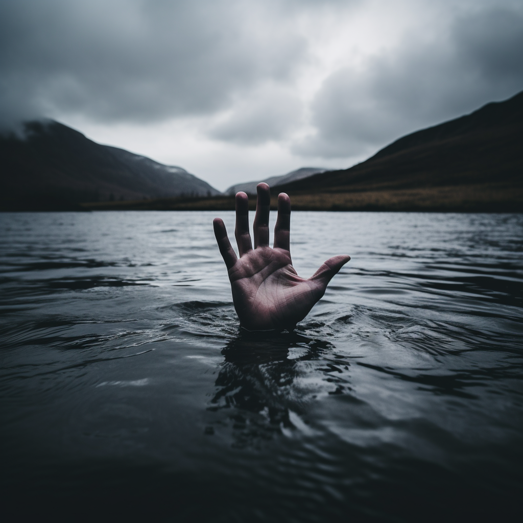 Mysterious hand emerging from the cold water