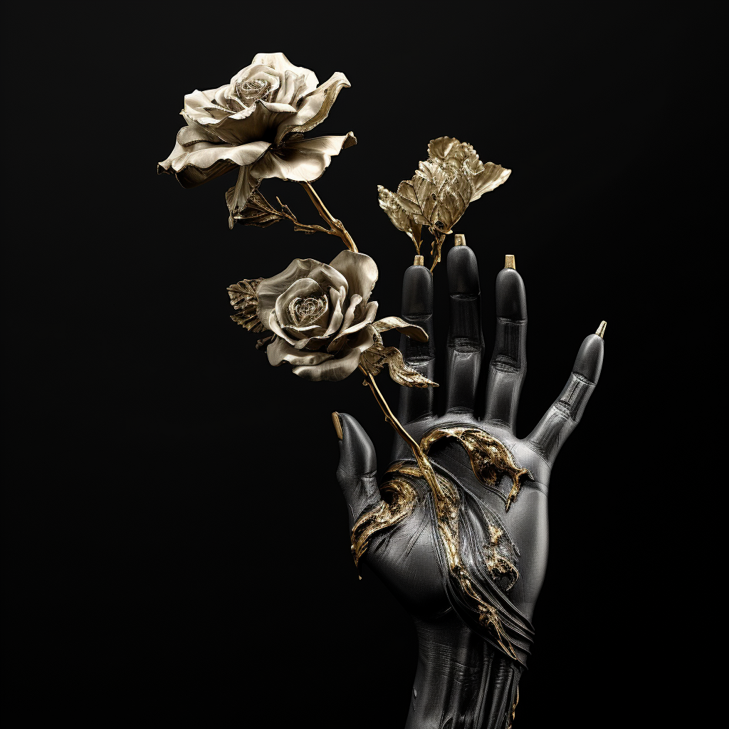 Black and white hand sculpture with golden flowers