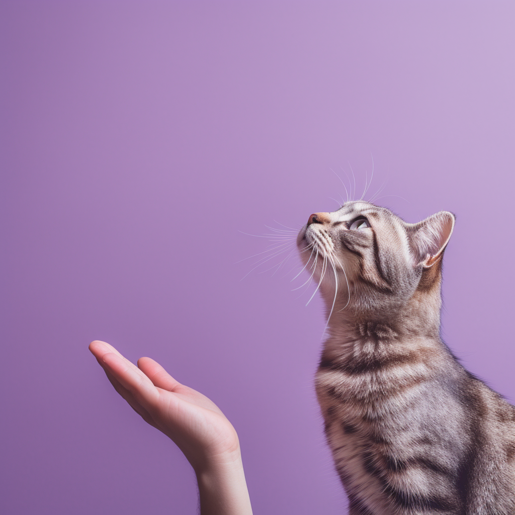 Hand Stroking Cat on Purple Background