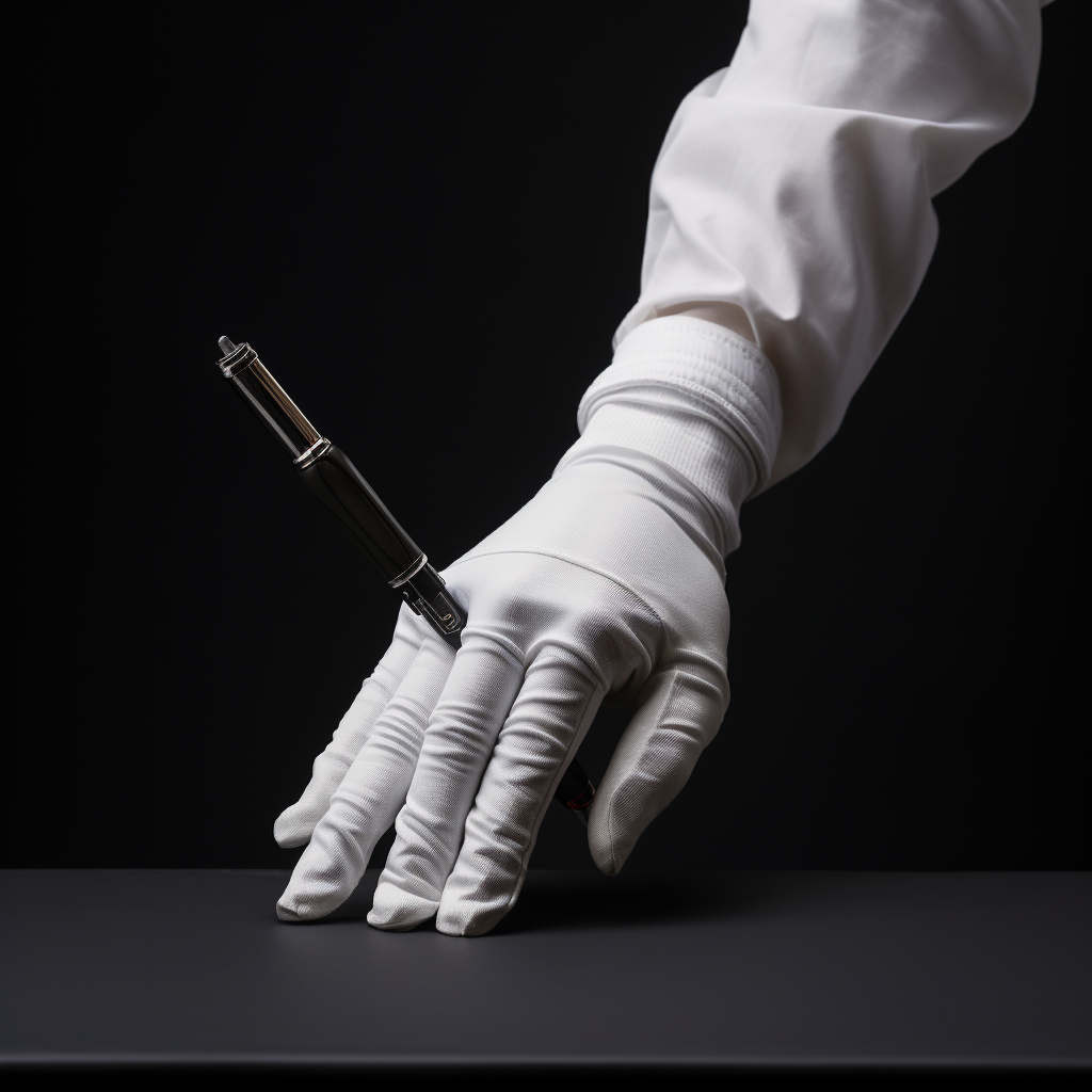 Hand with white army glove holding pen