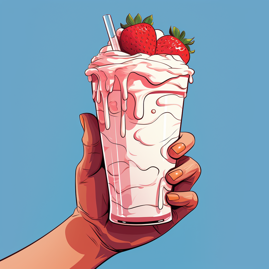 Hand holding a strawberry milkshake