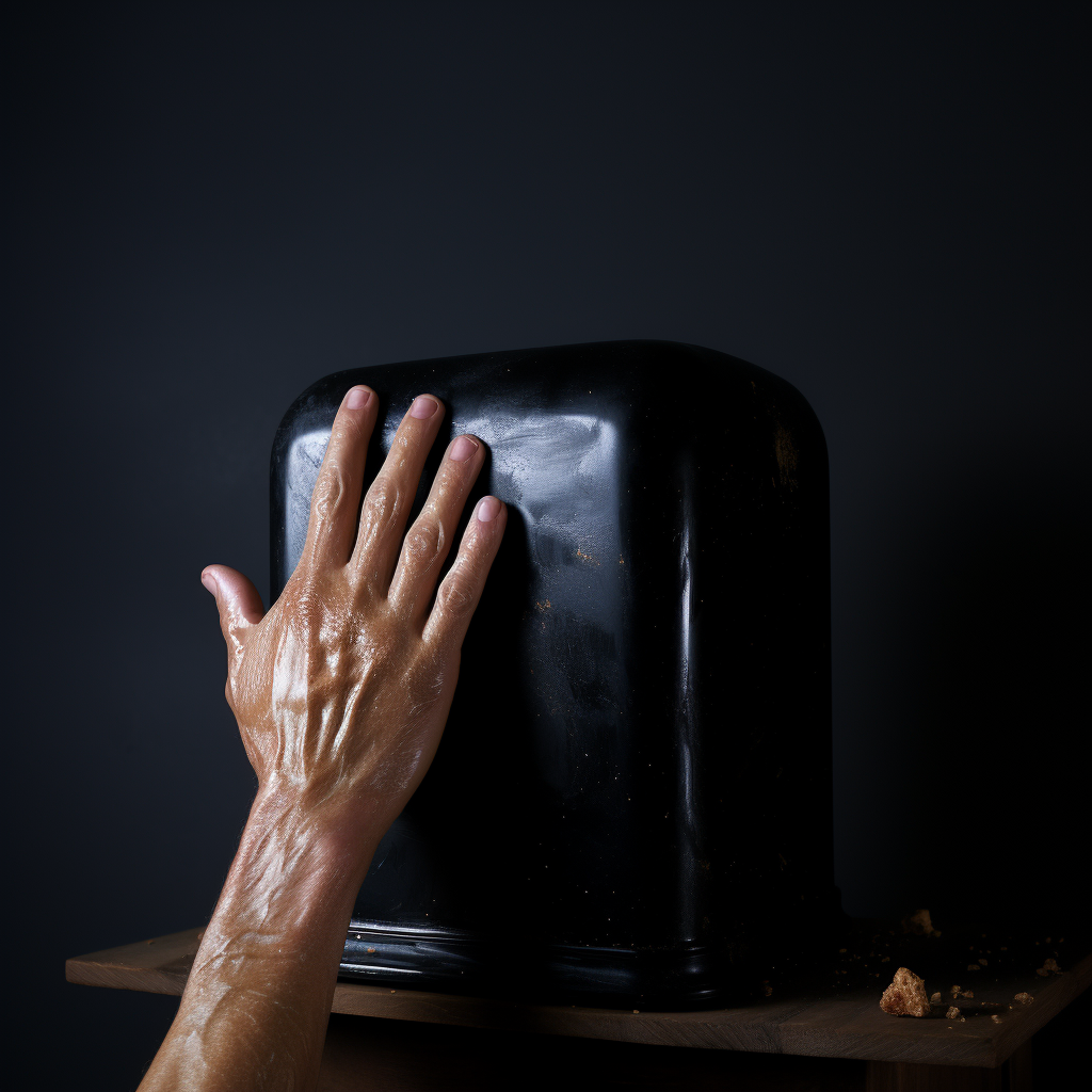 Hand in black glove emerging from bread bin