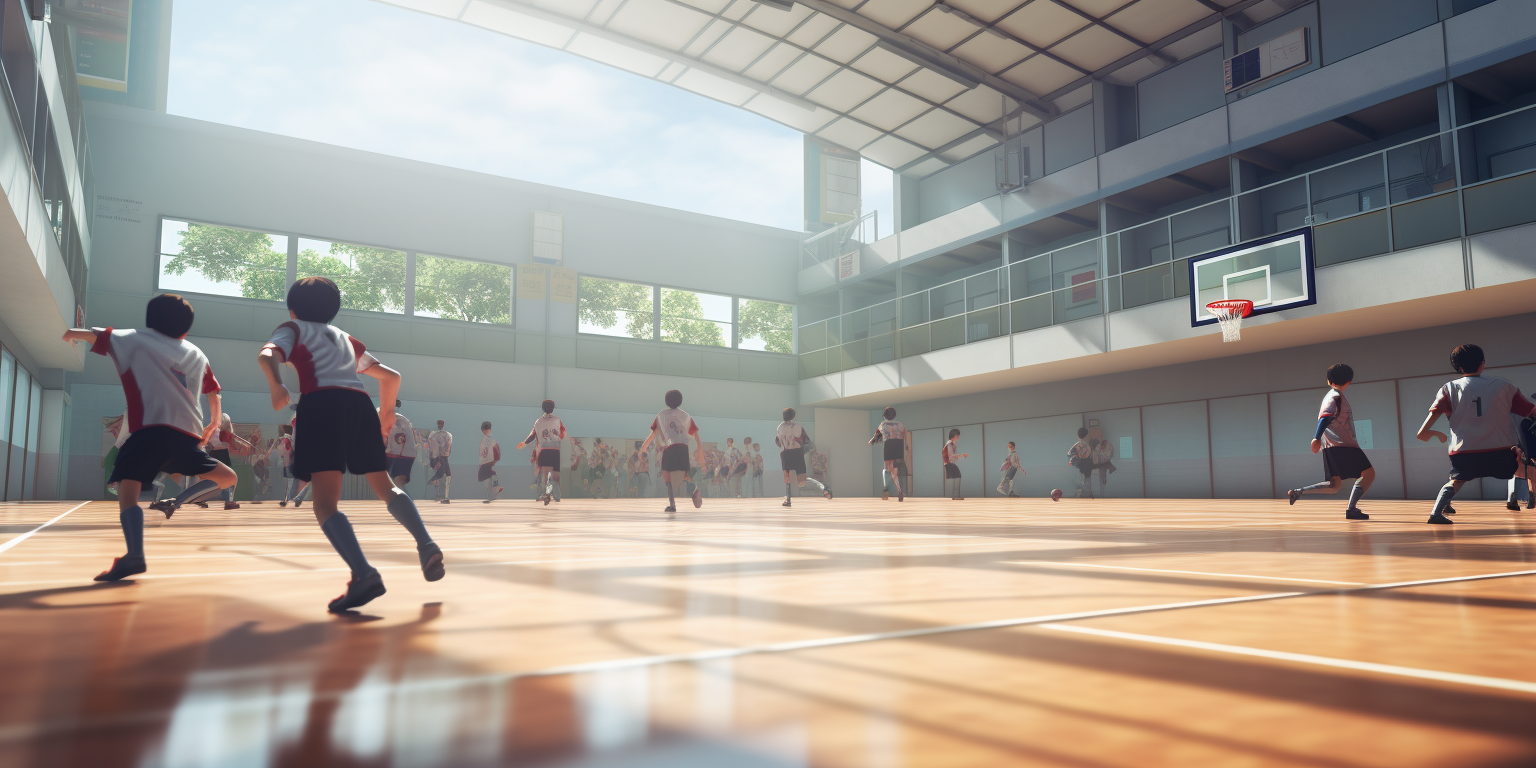 Japanese elementary students playing handball with enthusiasm