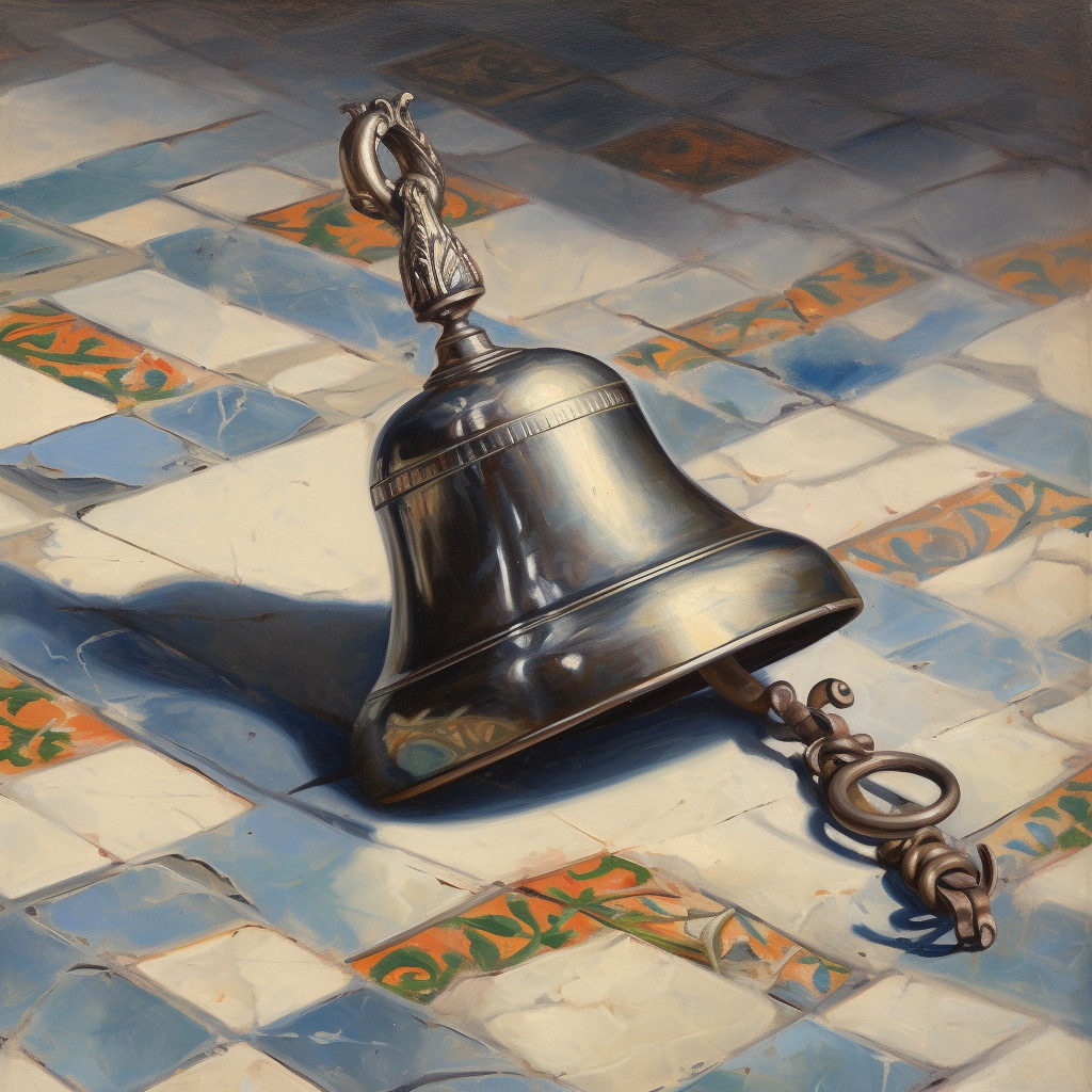 Beautiful silver-handled handbell on tiled ground