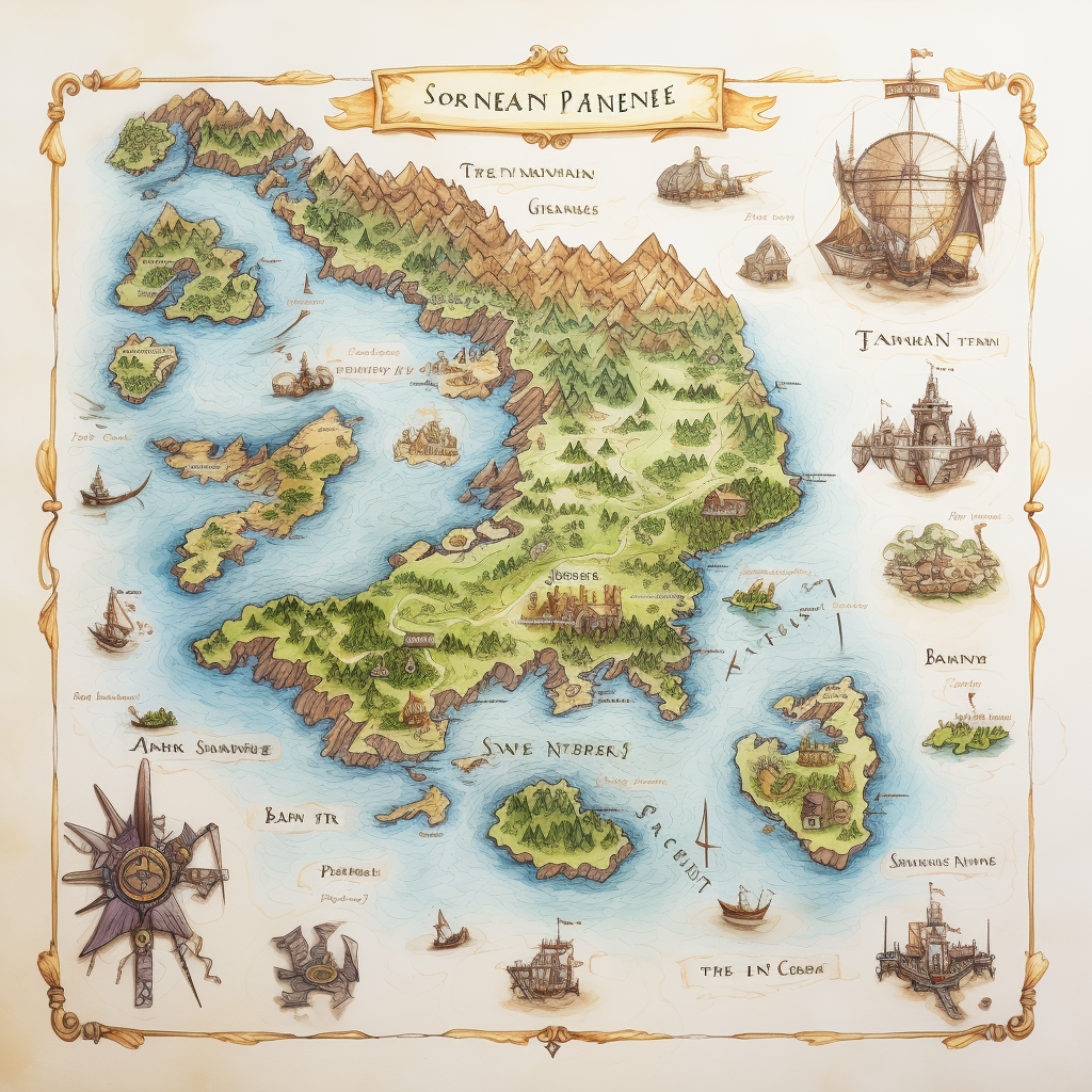 Illustration of handdrawn map islands with a kingdom gateway