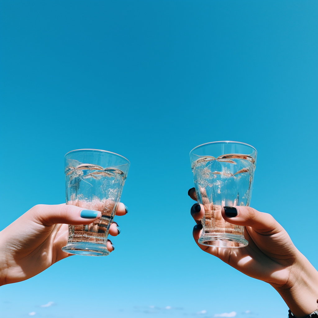 Hands holding champagne glasses against blue sky