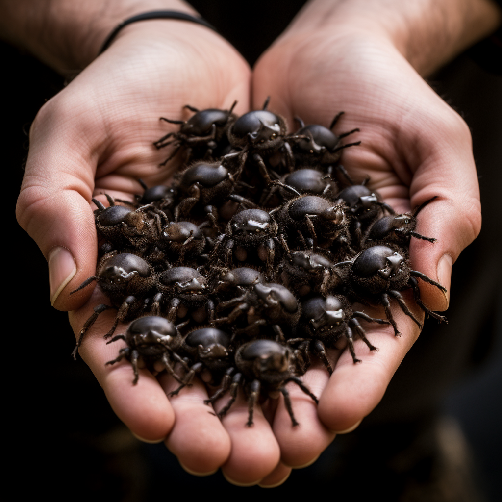 Hands cupping multiple cowkiller velvet ants on palm