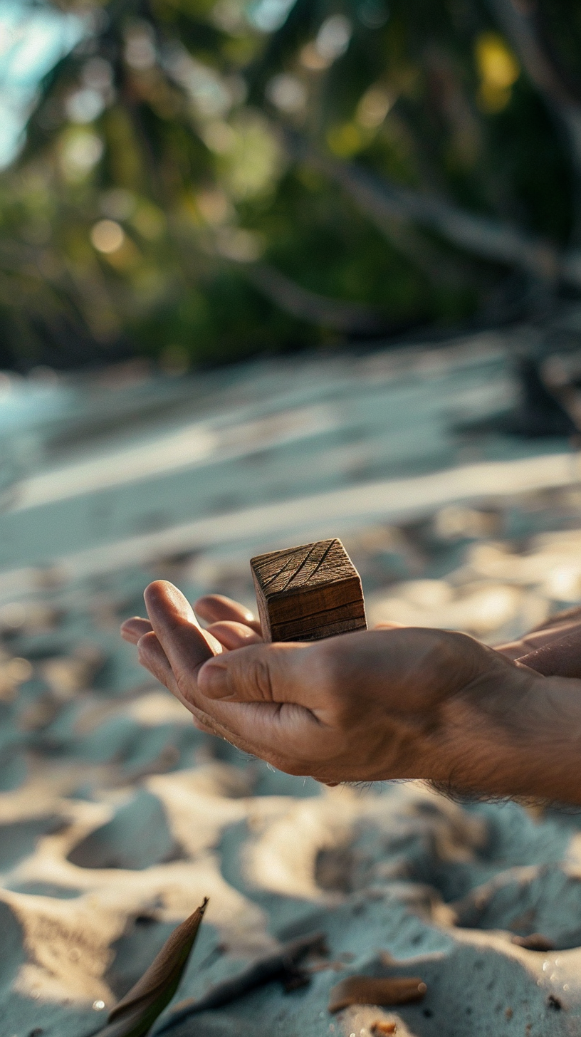 Hands grabbing wood totem cube