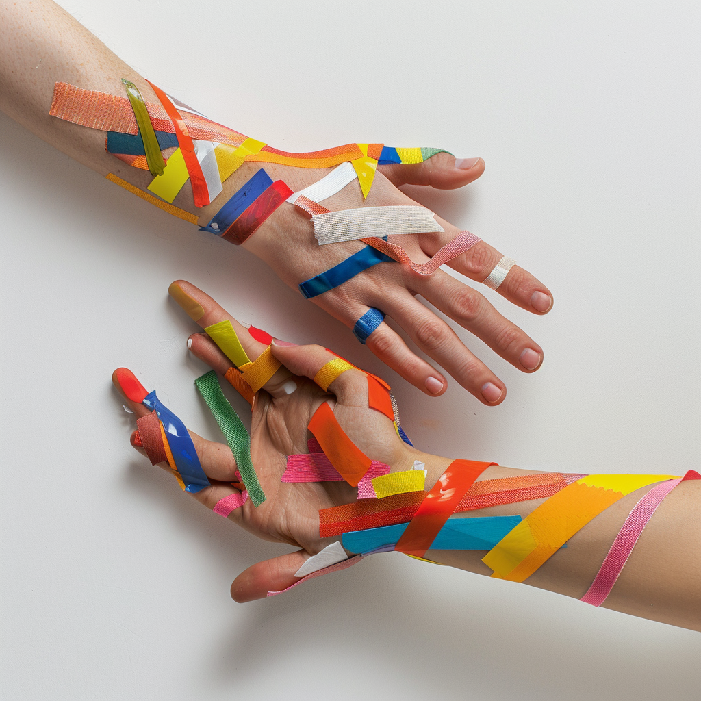 Two hands holding colorful patchwork on white