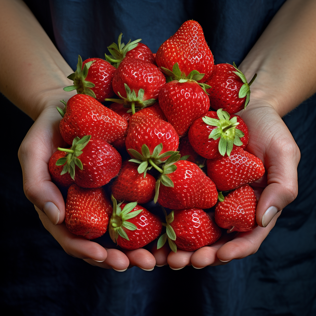 Hands holding fresh strawberries close-up