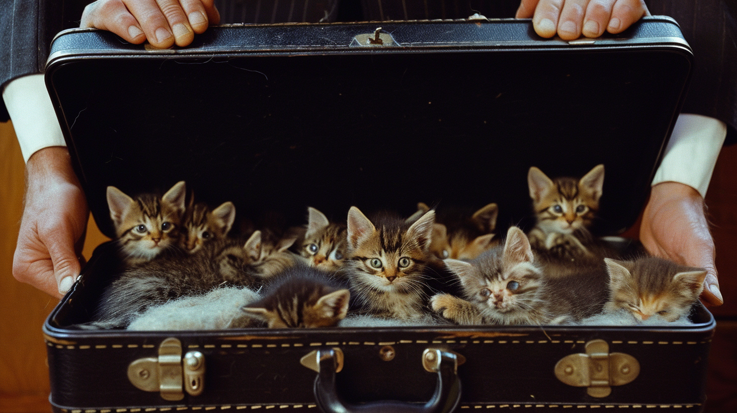 Hands Holding Suitcase with Kittens and Passport