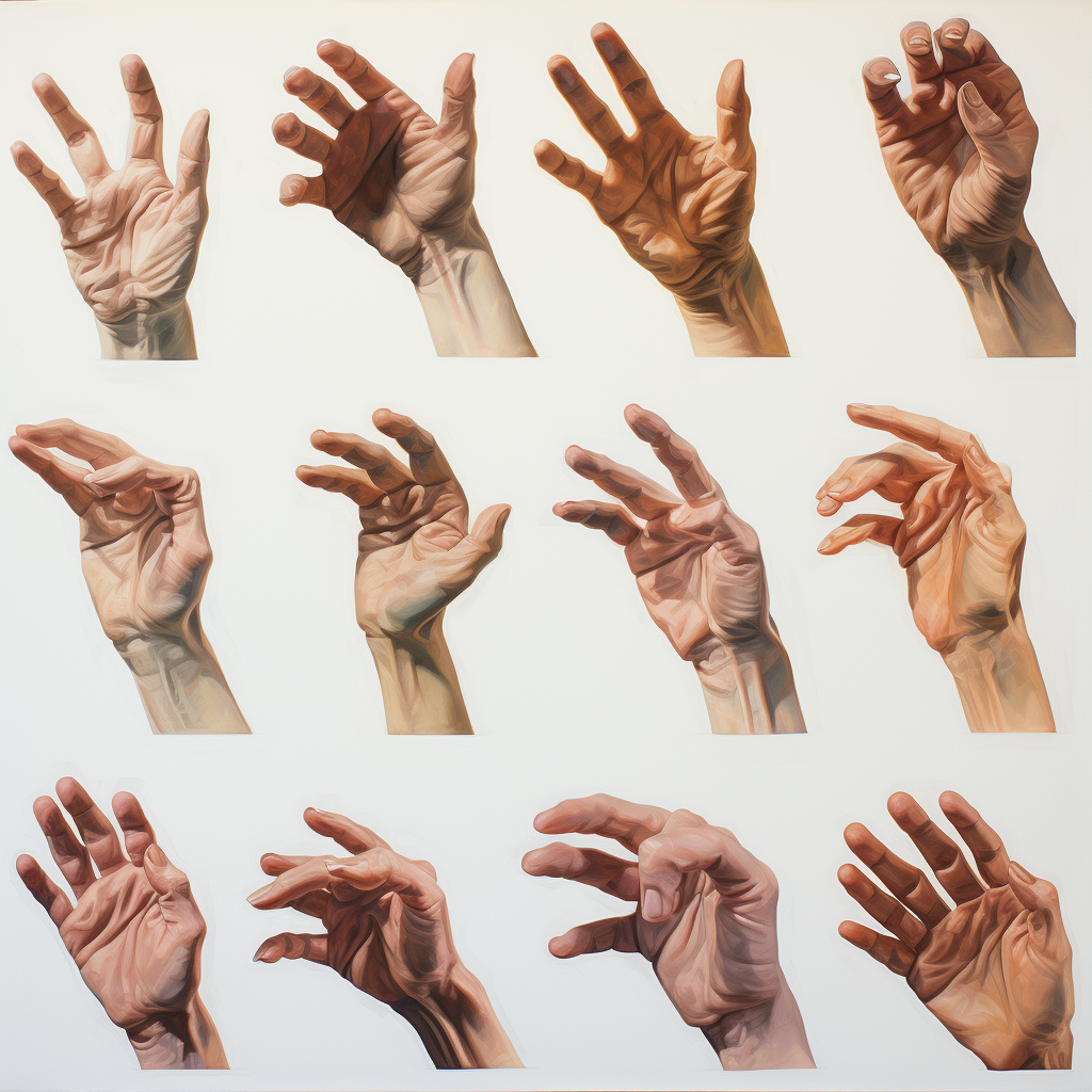 Various hand positions painting on white background