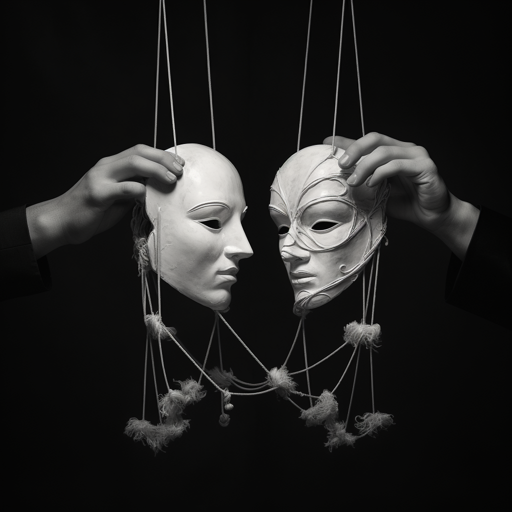 Hands puppeteering theater masks with strings