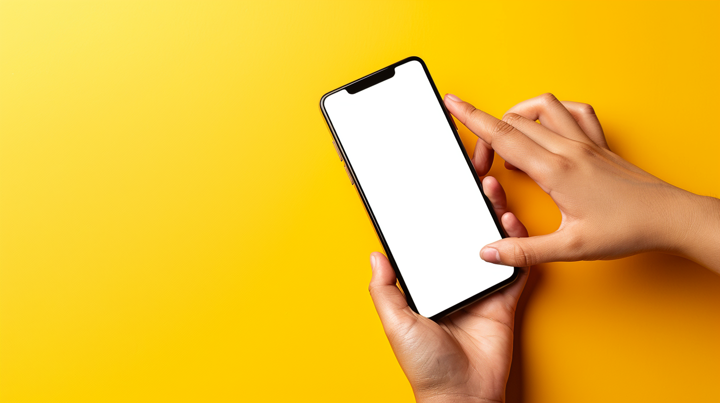 Hands holding smartphone pointing yellow background