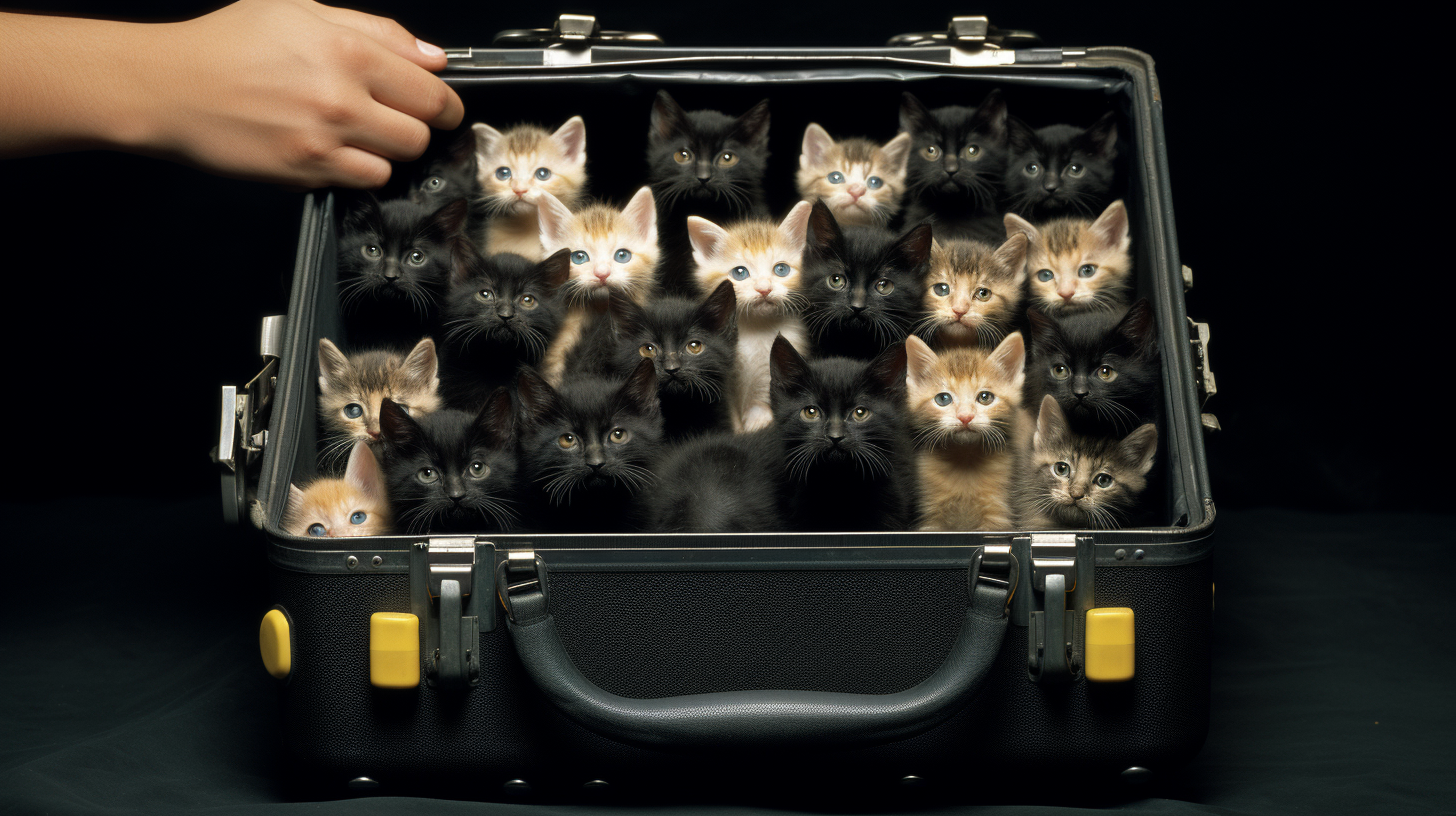 hands holding black suitcase with kittens