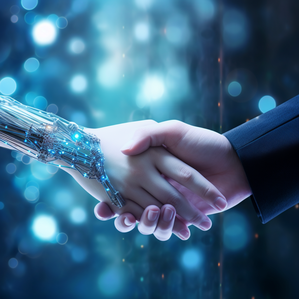 AI robot shaking hands with a feminine hand