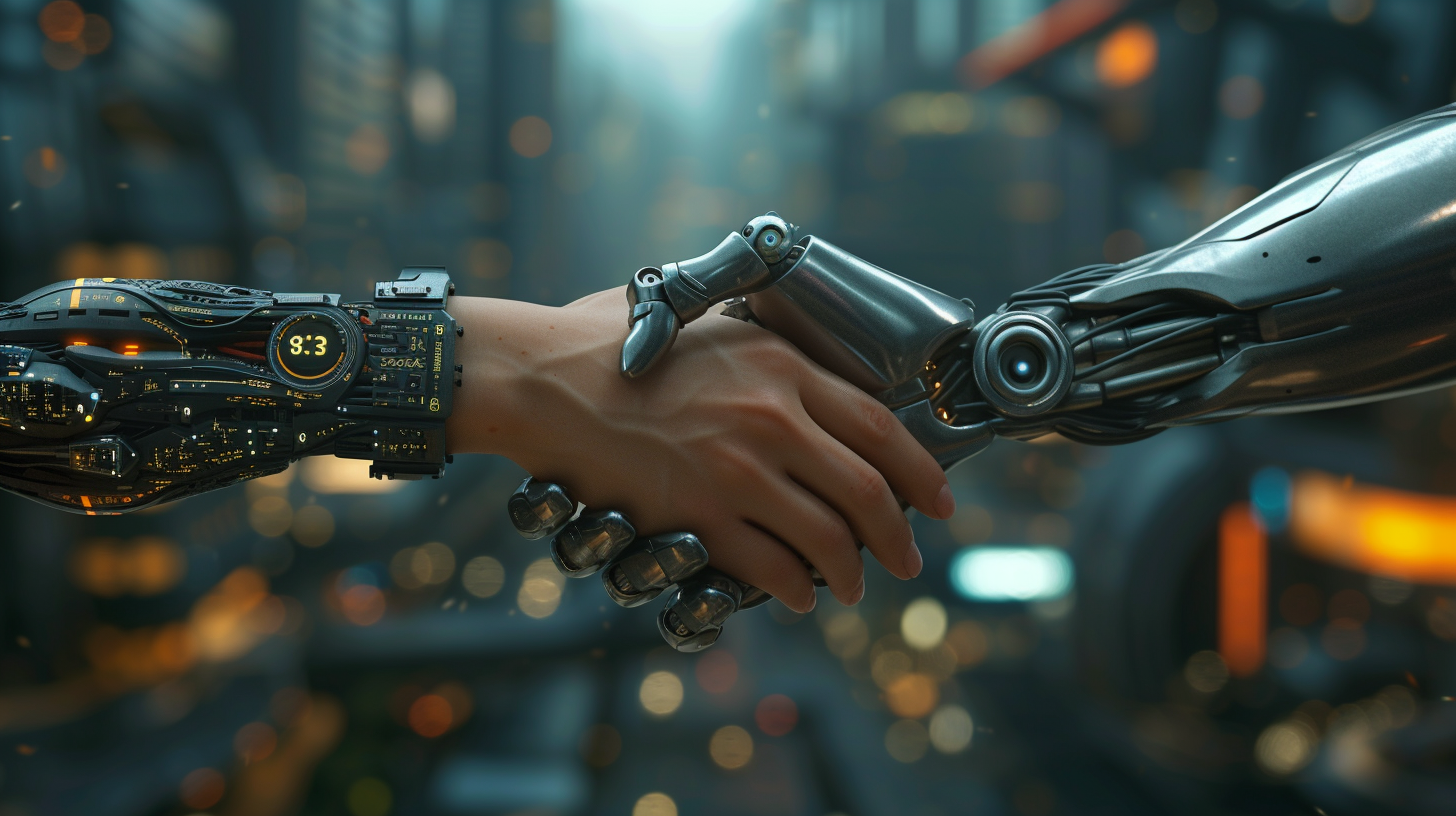 Handshake with Robotic Hand in Cityscape