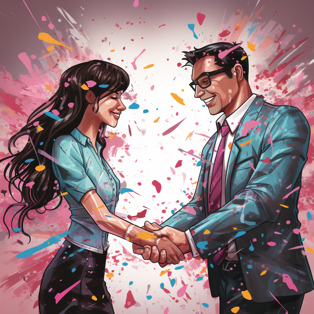 Joyful handshake with colorful confetti