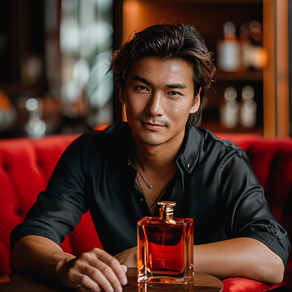 Handsome Asian Man in Red Armchair