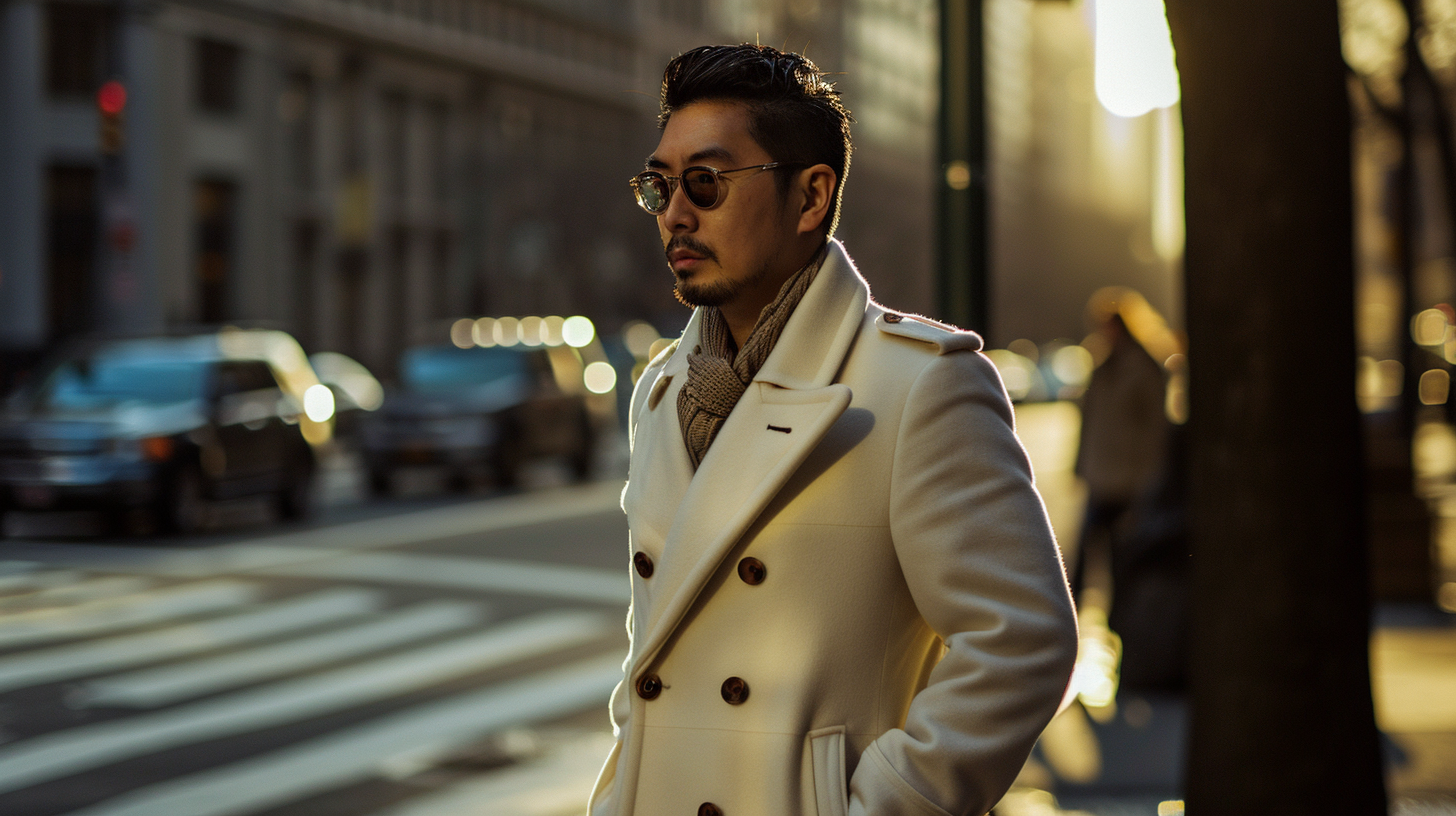 Handsome Asian Model in White Hermes Peacoat