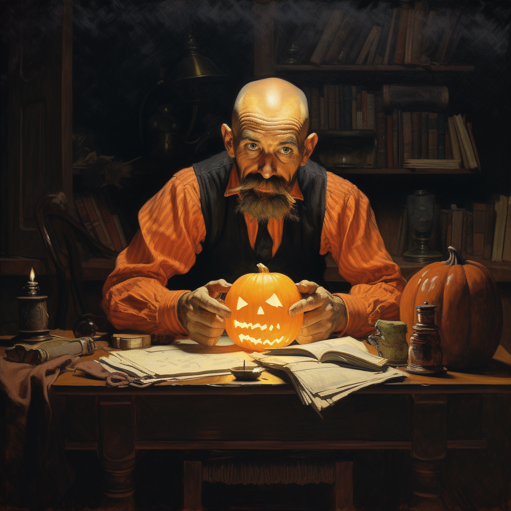 Bald man with brown beard admiring jack-o-lantern on rustic desk