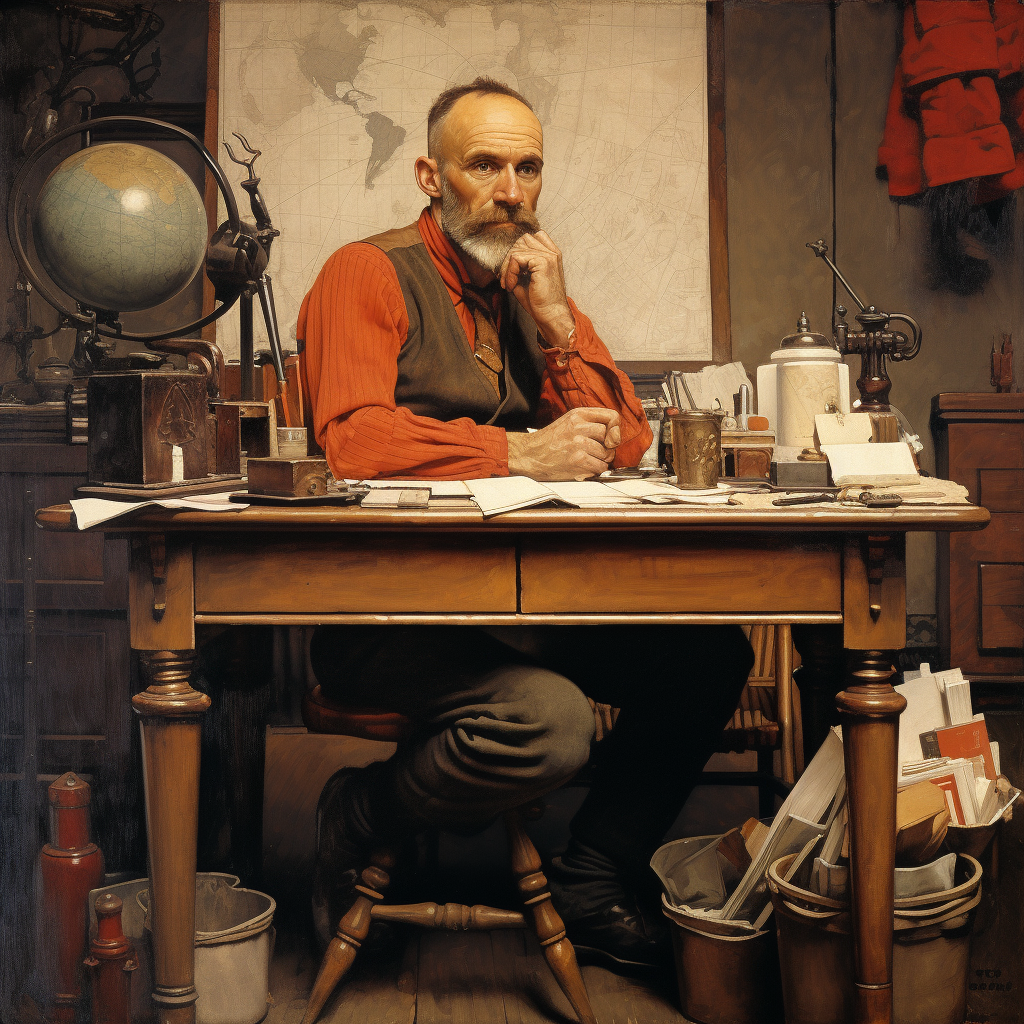 Norman Rockwell's Bald Man Writing at Rustic Desk