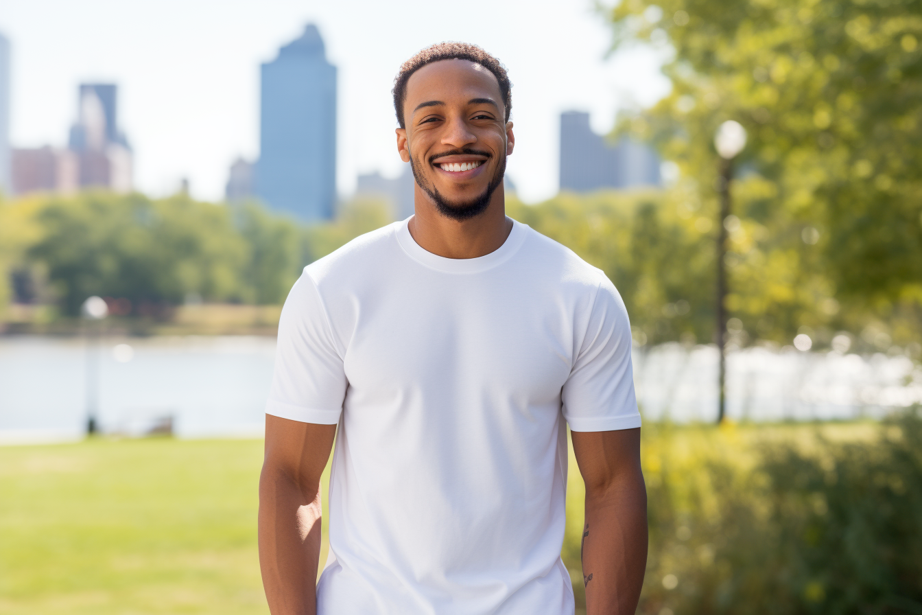 Handsome black man smiling in white jersey at city park