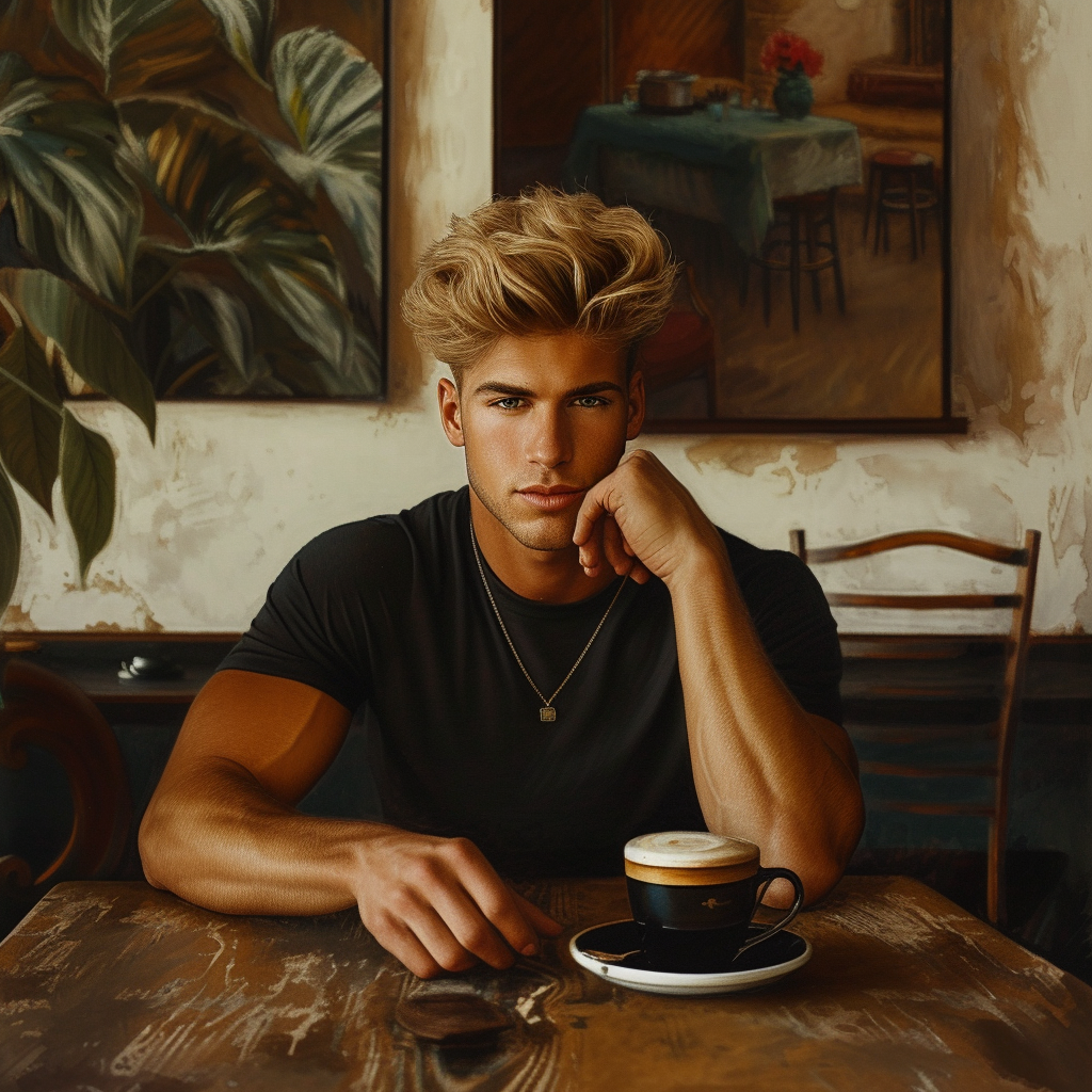 Handsome blond collegiate jock at modern cafe with coffees