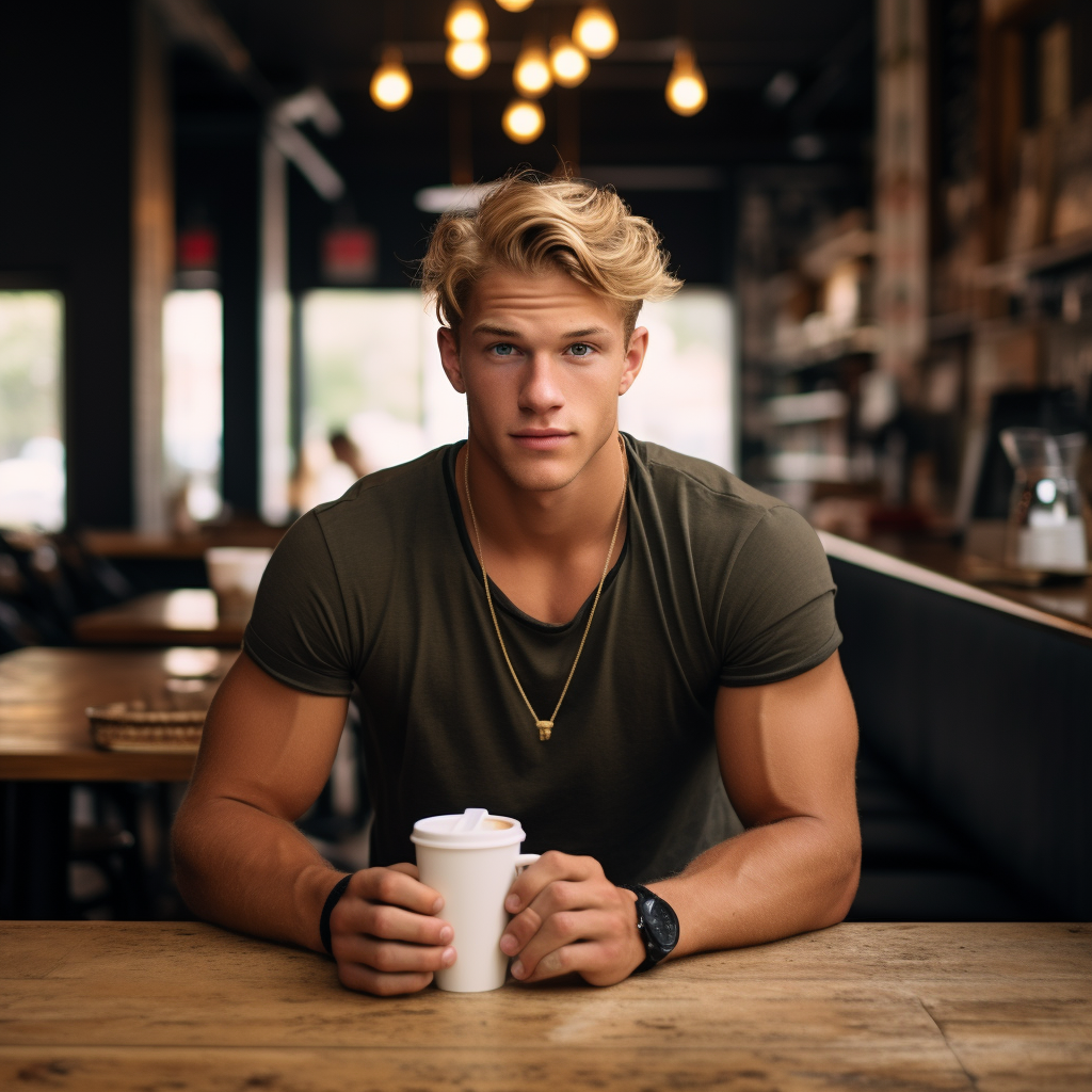 Athletic jock with coffees at cafe table