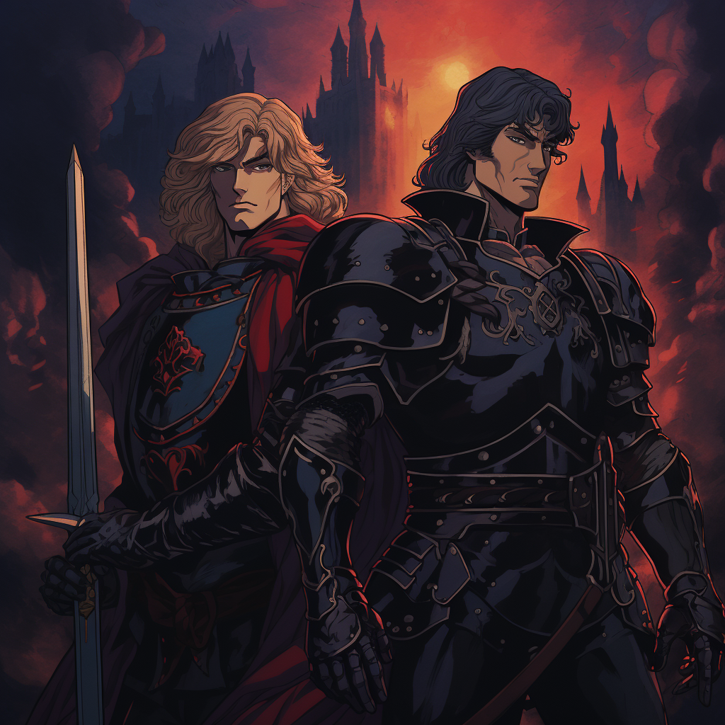 Two handsome buff knights in a dark fantasy world