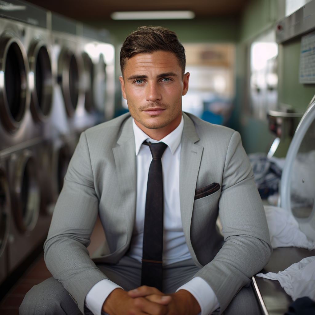 Handsome businessman in laundromat