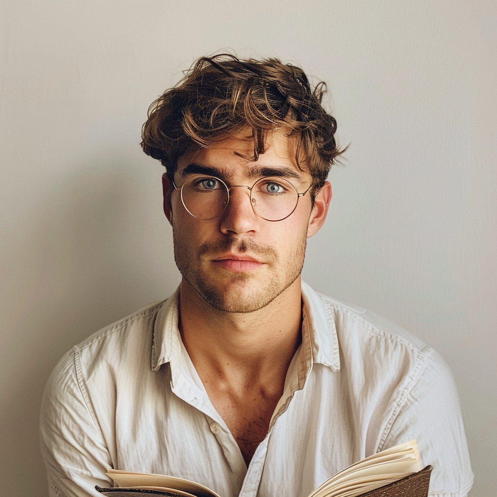 Caucasian man holding book background